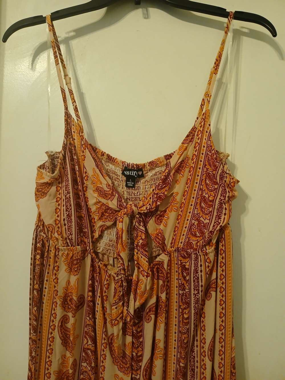 Boho Tie-Front Cream and Rust Paisley Cami Dress